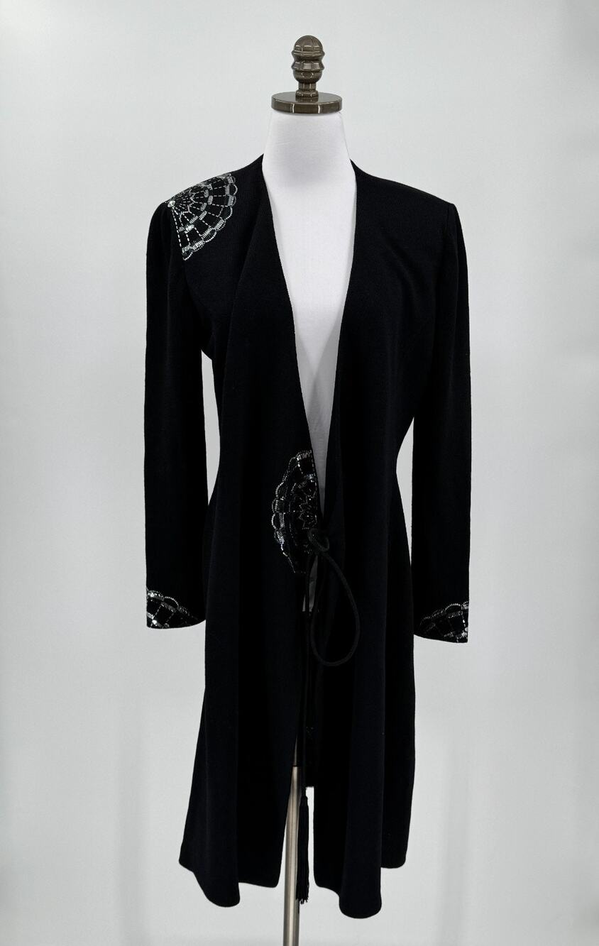 St. John Evening Black Santana Knit Paillette Tie Front Cardigan Sweater Sz 6